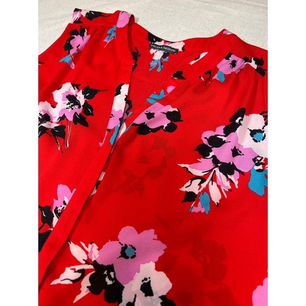 Chelsea & Theodore‎ Red Floral Sleeveless Split Neck Blouse Top Size Large